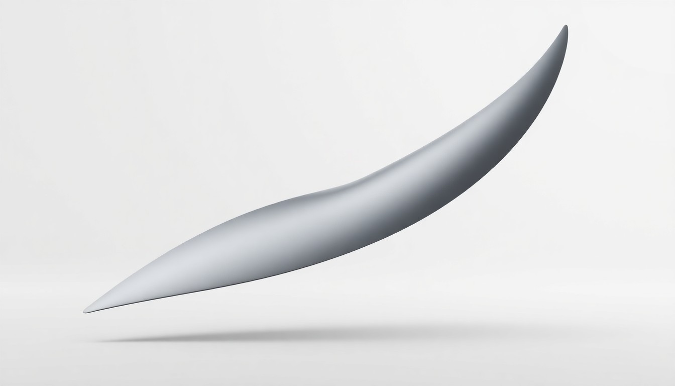 A photorealistic studio still-life image of a sleek, polished wind turbine blade made of carbon fiber and aluminum, floating on a clean, monochromatic background and dramatically lit to convey a sense of strength and innovation in renewable energy technology.