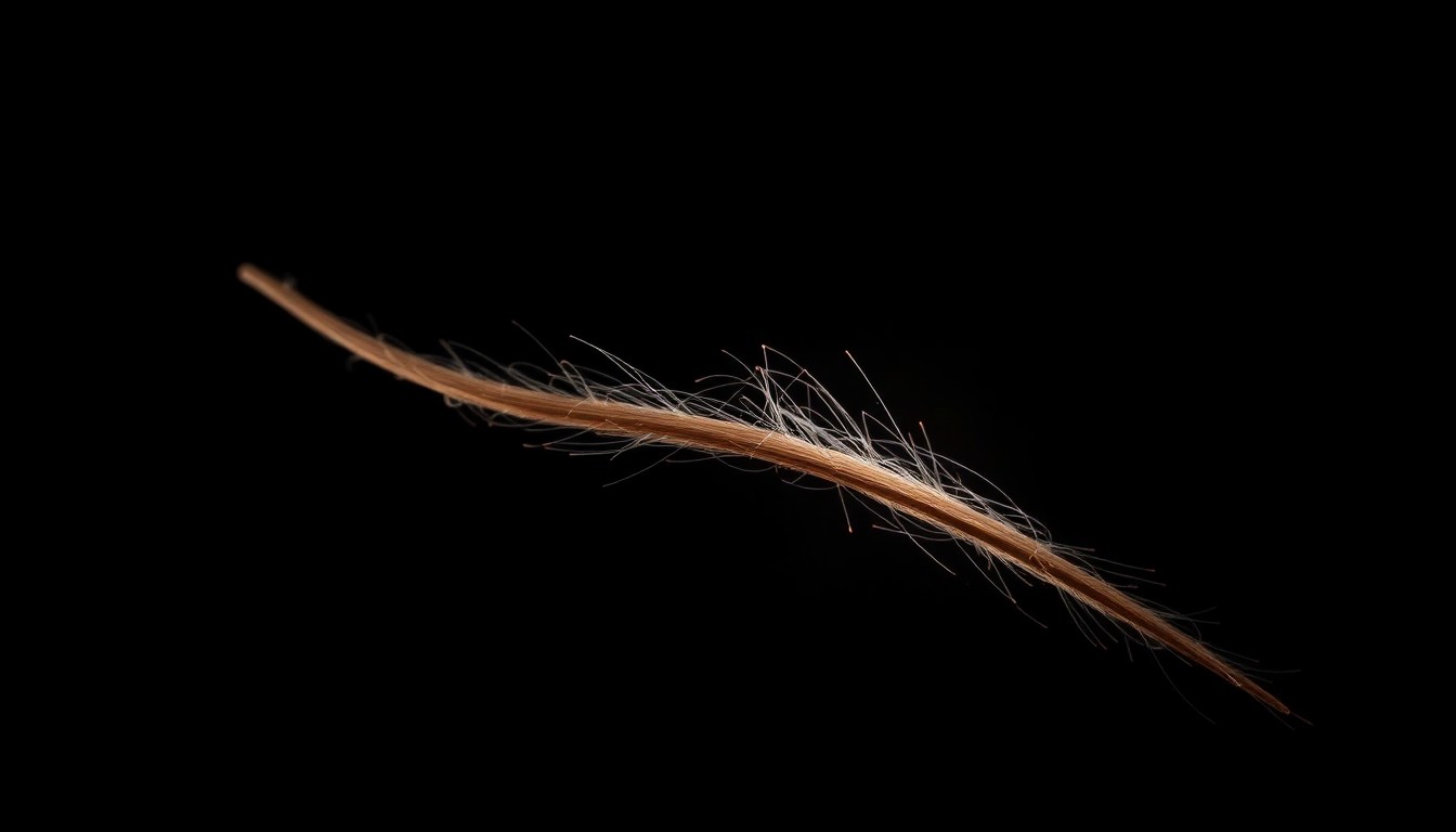 An extreme close-up photograph of a single hair strand against a pitch-black background, lit by a harsh, direct camera flash, conceptually representing the meticulous forensic investigation into the Guthrie case.