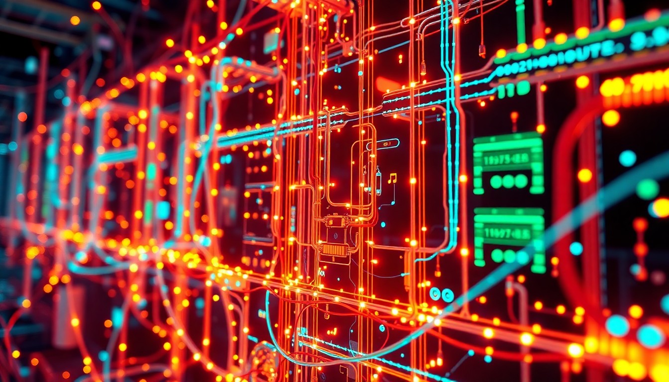 A highly detailed, glowing 3D macro illustration of a complex network of illuminated digital music infrastructure, including wires, circuits, and pulsing data streams, conceptually representing the technological power and scale behind AI-generated music.
