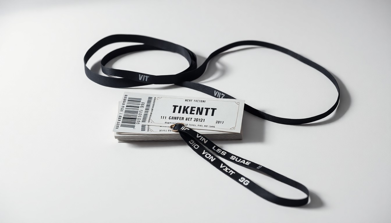 A minimalist studio still life photograph featuring a stack of concert tickets, a crumpled ticket stub, and a pair of VIP lanyards arranged on a clean, monochromatic background, symbolizing the financial barriers and corporate power that have come to dominate the live music industry.
