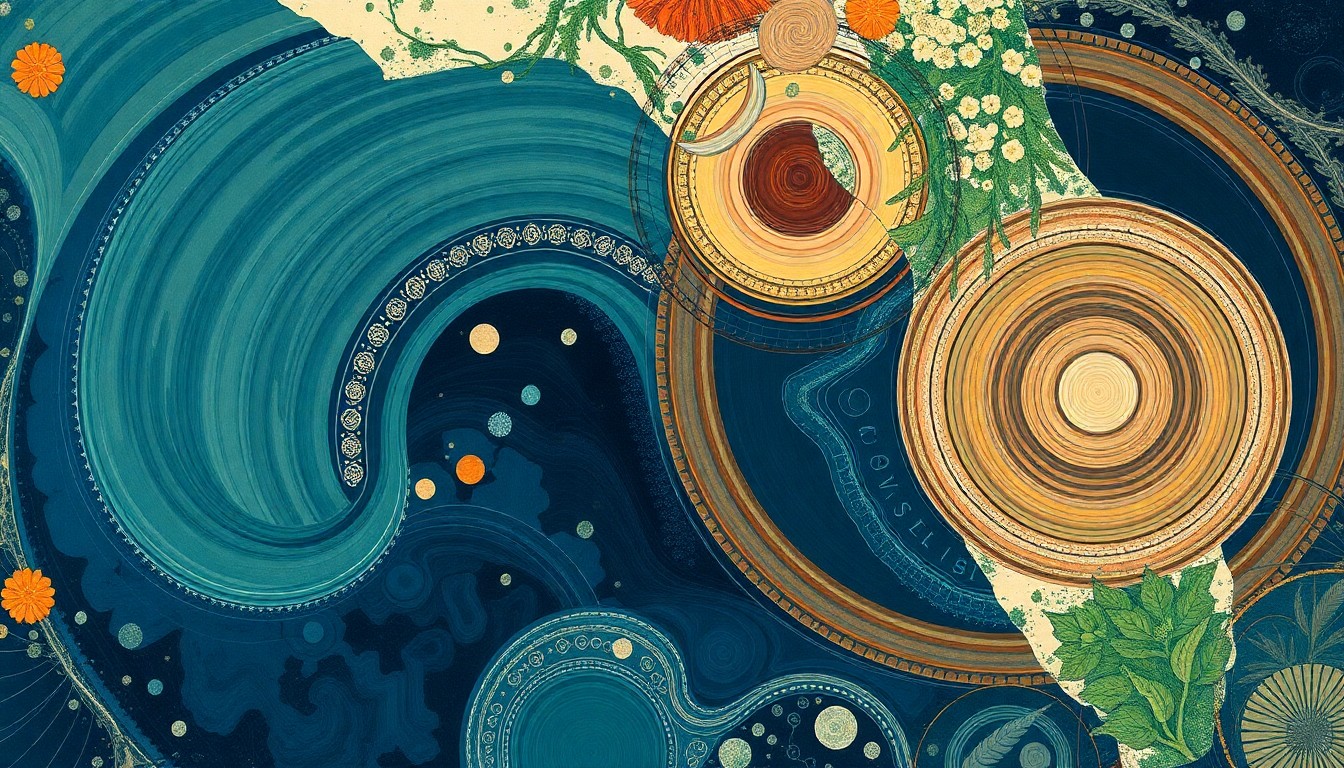 A highly structured abstract painting in soft, earthy tones featuring sweeping geometric arcs, concentric circles, and precise botanical spirals, conceptually representing the interconnected natural wonders of Florida that have been central to the environmental movement.