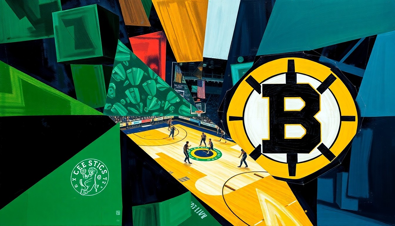 A cubist, geometric painting depicting fragmented, overlapping scenes of a basketball game and a hockey game, using bold colors and sharp, angular shapes to capture the energy and excitement of Boston's concurrent playoff runs.