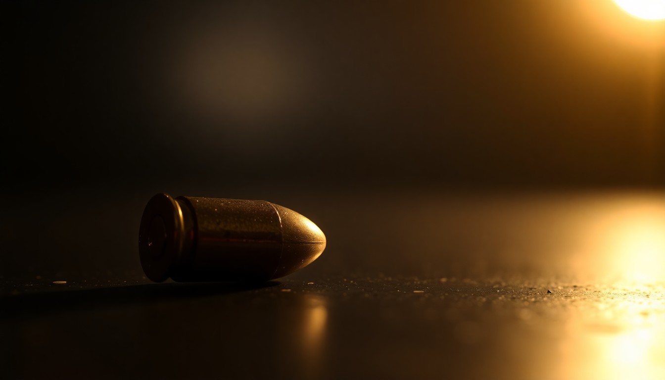 An extreme close-up photograph of a single spent bullet casing on a dark surface, conceptually representing the investigation into the Robb Elementary shooting.