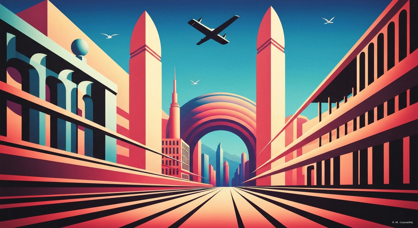 A bold, geometric illustration in shades of blue, orange, and gray, depicting the sweeping skyline of Salt Lake City with towering skyscrapers and mountains in the distance, capturing the grand scale and romance of travel.