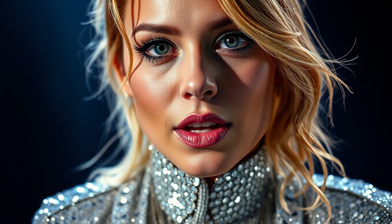 An extreme close-up of a shimmering, sequined fabric texture in high-contrast studio lighting, conceptually representing the glamour and high-pressure world of pop stardom.