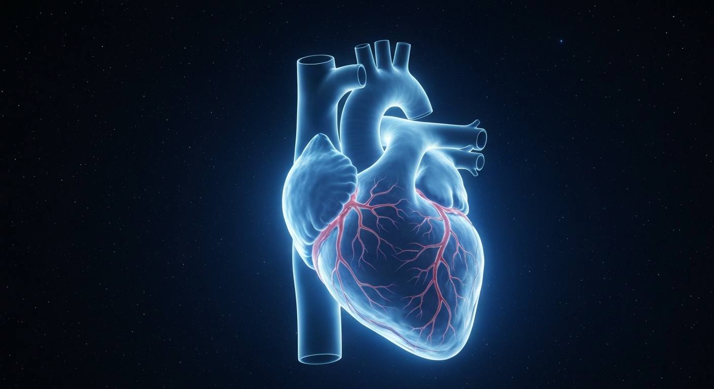 A translucent, ghostly X-ray photograph of a human heart, glowing with a soft, pulsing light against a dark background, conceptually representing the complexities of healthcare coverage for retirees.