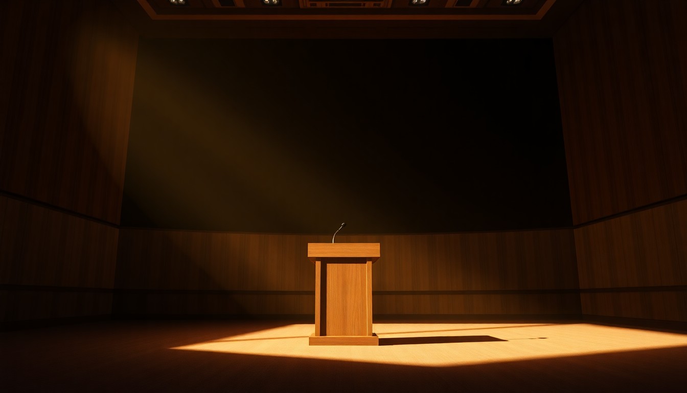 A dimly lit, empty conference room with a solitary podium in the center, the space bathed in warm, diagonal sunlight and deep shadows, conveying a sense of political nostalgia.