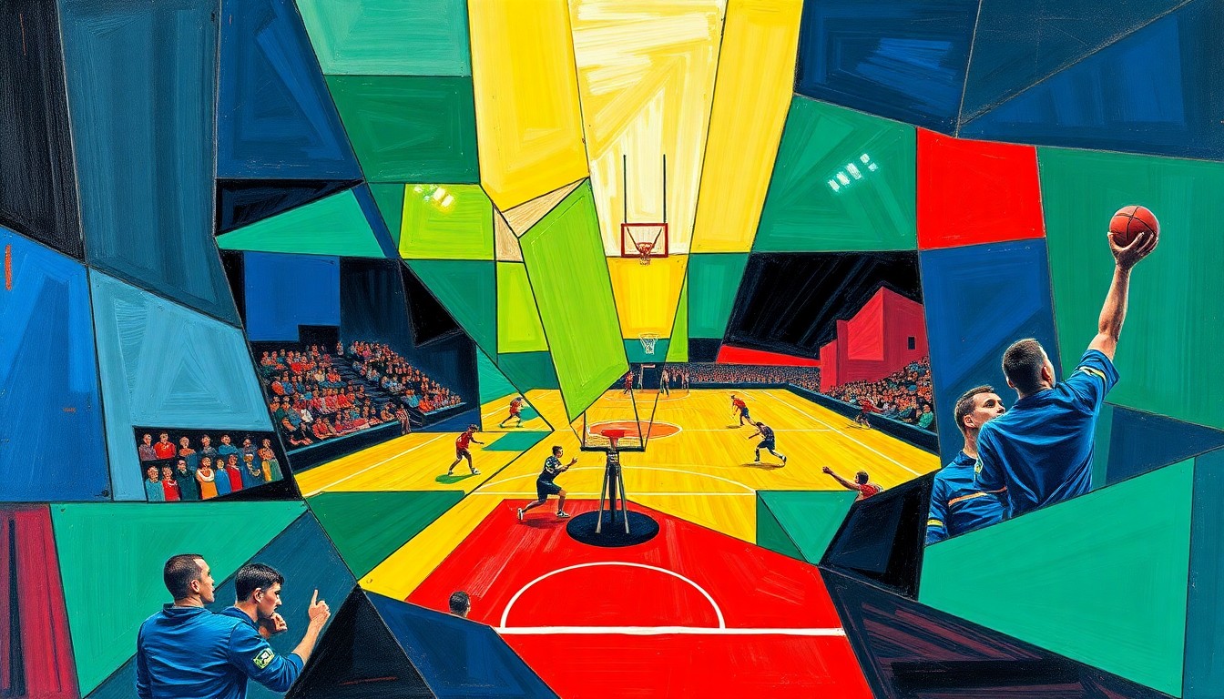 A fragmented, geometric painting in bold colors depicting an abstract sports scene, conveying the energy and dynamism of high school athletics.