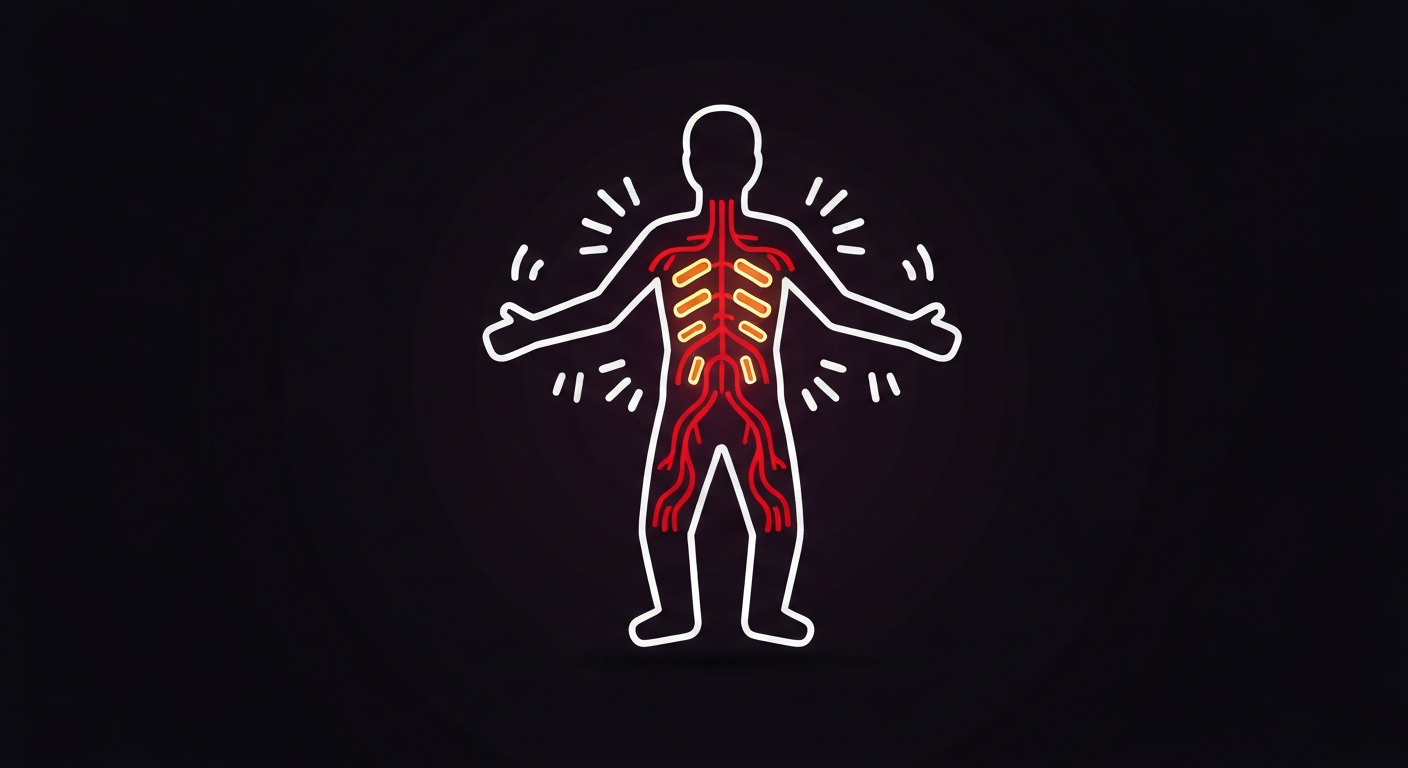 A minimalist, glowing neon outline of a human figure against a dark background, representing the internal biological mechanisms affected by the experimental weight loss drug retatrutide.