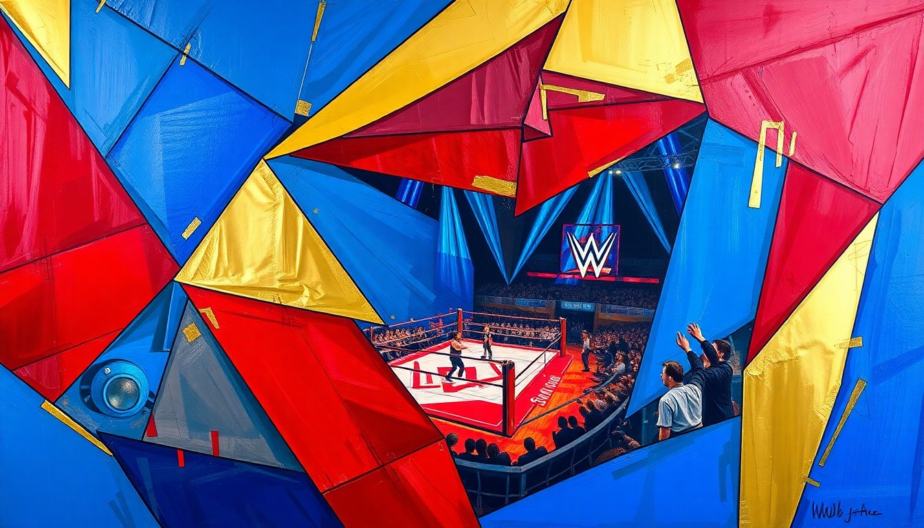 A fragmented, multi-angled painting featuring overlapping geometric shapes and planes in bold colors like blue, red, and gold, conceptually representing the dynamic action and spectacle of a WWE wrestling event.