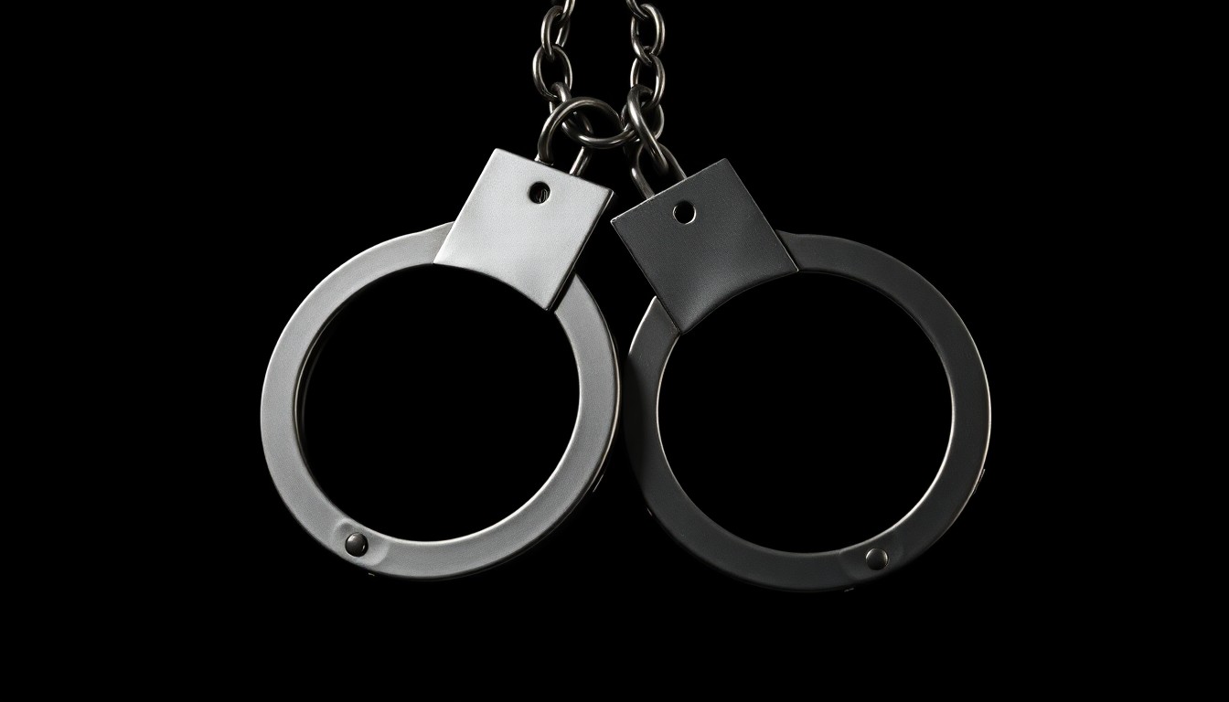 An extreme close-up photograph of a pair of handcuffs against a pitch-black background, creating a stark, gritty, investigative aesthetic that conceptually represents the controversy over the task force's priorities.