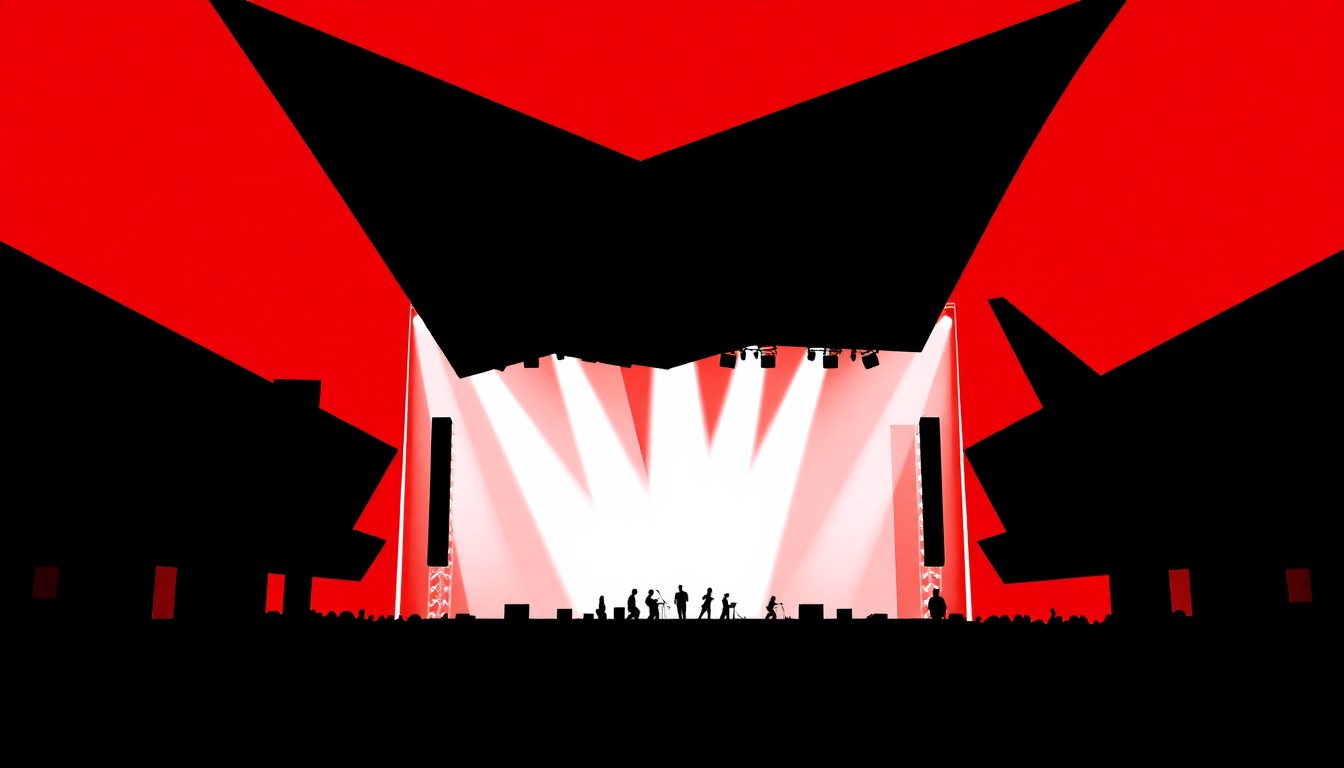 A dynamic, abstract illustration featuring sharp, angular black shapes and bold contrasting colors, conveying the energy and excitement of a new music venue opening in Memphis.