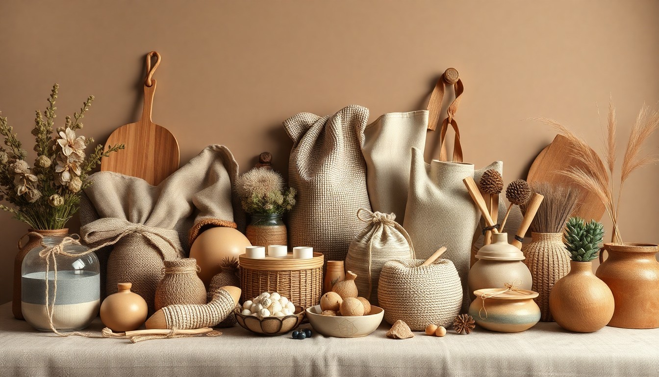 A photorealistic studio still life featuring a collection of handcrafted ceramic mugs, wooden bowls, and woven baskets in muted earth tones, conceptually representing the diverse range of local goods that were sold through the now-closed Painted Tree Boutique stores.