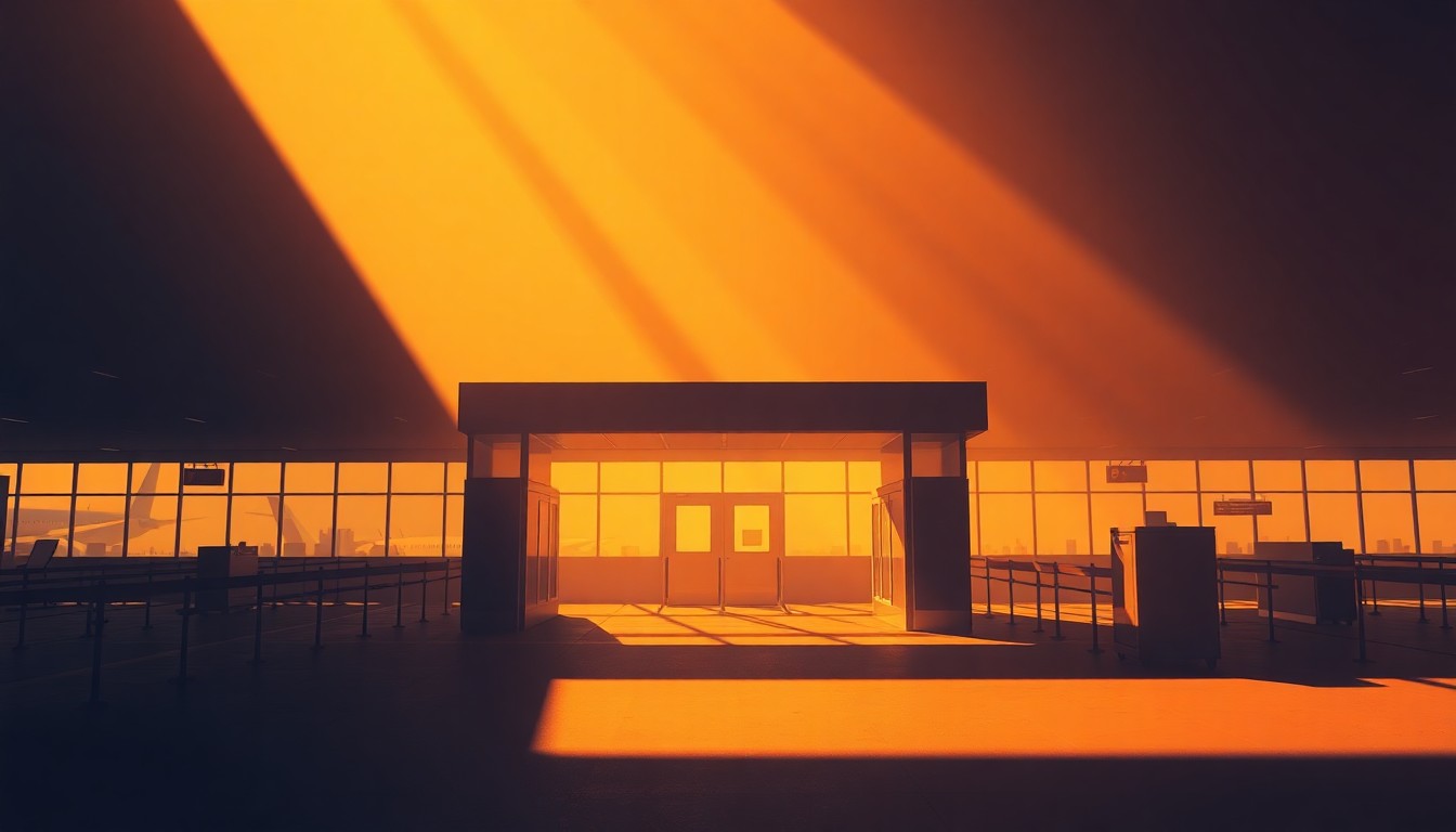 A cinematic painting of an empty airport security checkpoint, with warm sunlight streaming in and deep shadows cast across the scene, conveying a sense of quiet disruption and unease.