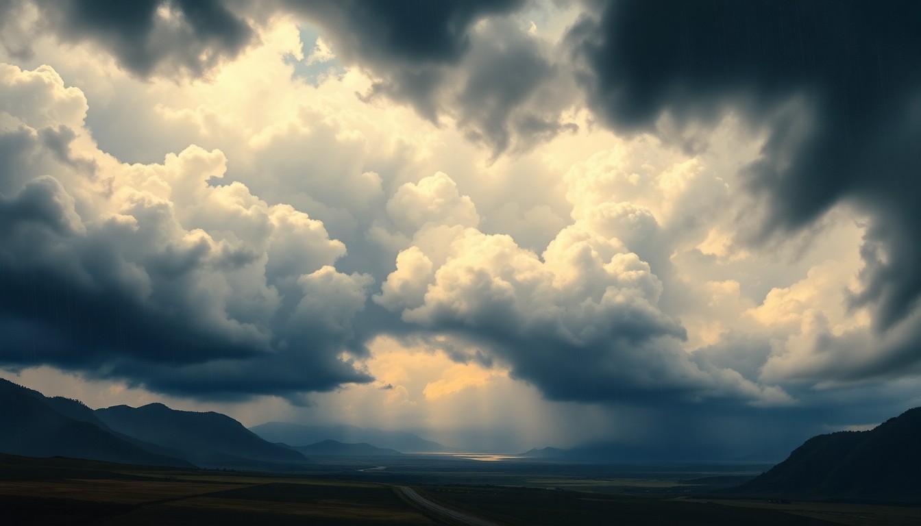 A dramatic landscape painting in muted tones, with dark, foreboding clouds dominating the sky and obscuring any visible structures or roads, conveying the overwhelming scale and power of an impending storm.