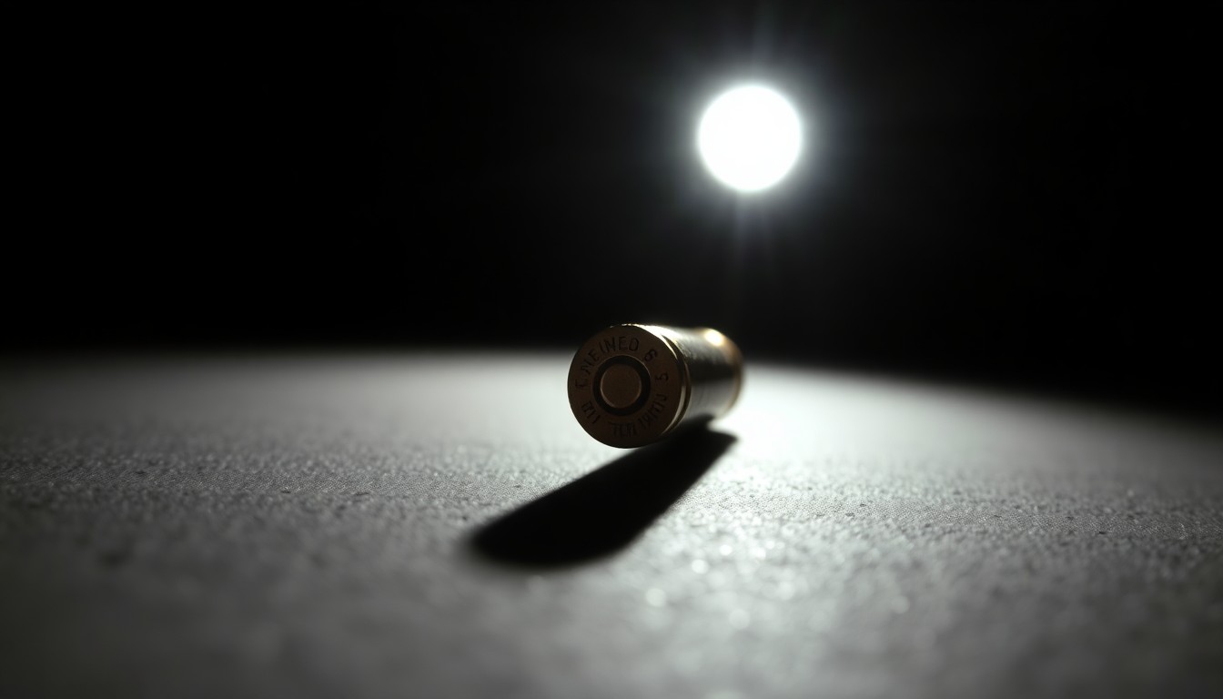 An extreme close-up photograph of a single spent bullet casing on a dark background, conceptually representing the ongoing investigation and scrutiny surrounding the Robb Elementary shooting.