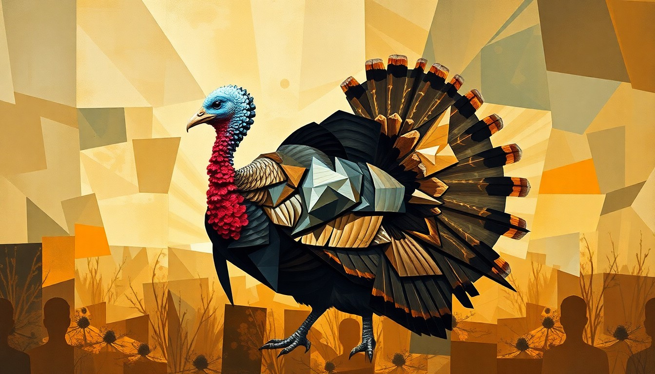 A cubist, geometric painting depicting the various elements of a turkey hunt, including the bird's form, hunting gear, and the surrounding environment, all broken down into sharp, overlapping shapes and planes.