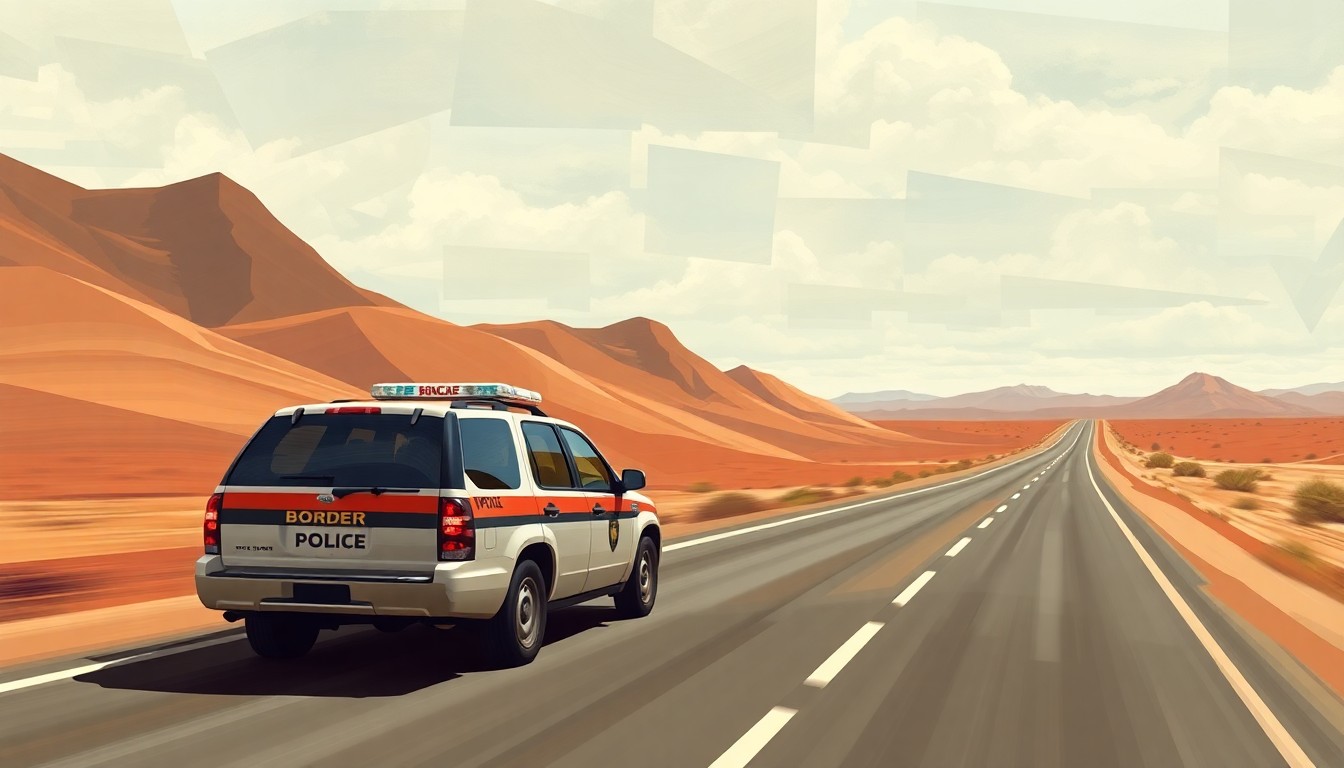 A dynamic, abstract painting of a border patrol vehicle in motion, with overlapping geometric shapes and brushstrokes in earthy tones, conceptually representing the shifting priorities at the Department of Homeland Security.