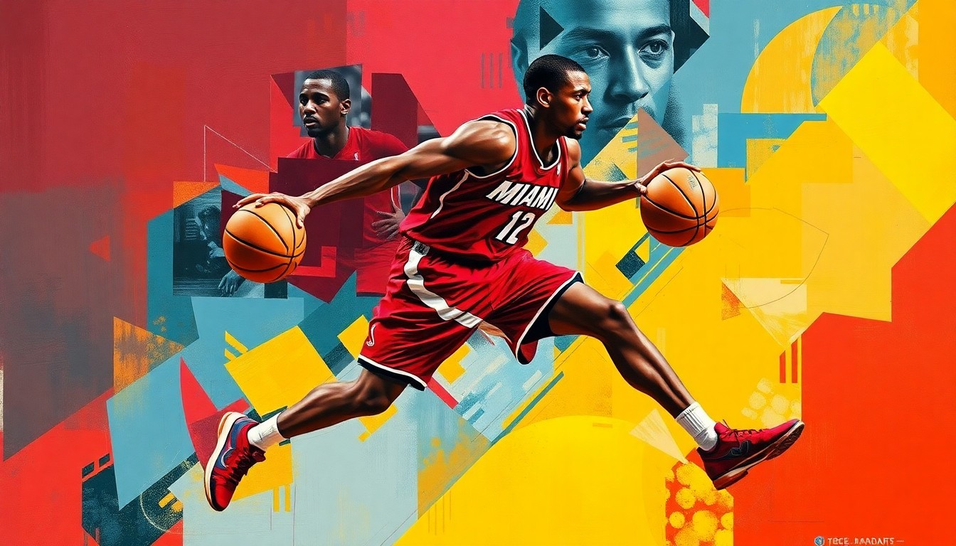 A cubist, geometric painting depicting a basketball player in motion, with sharp, overlapping planes of red, orange, and yellow colors representing the Miami Heat's team colors.