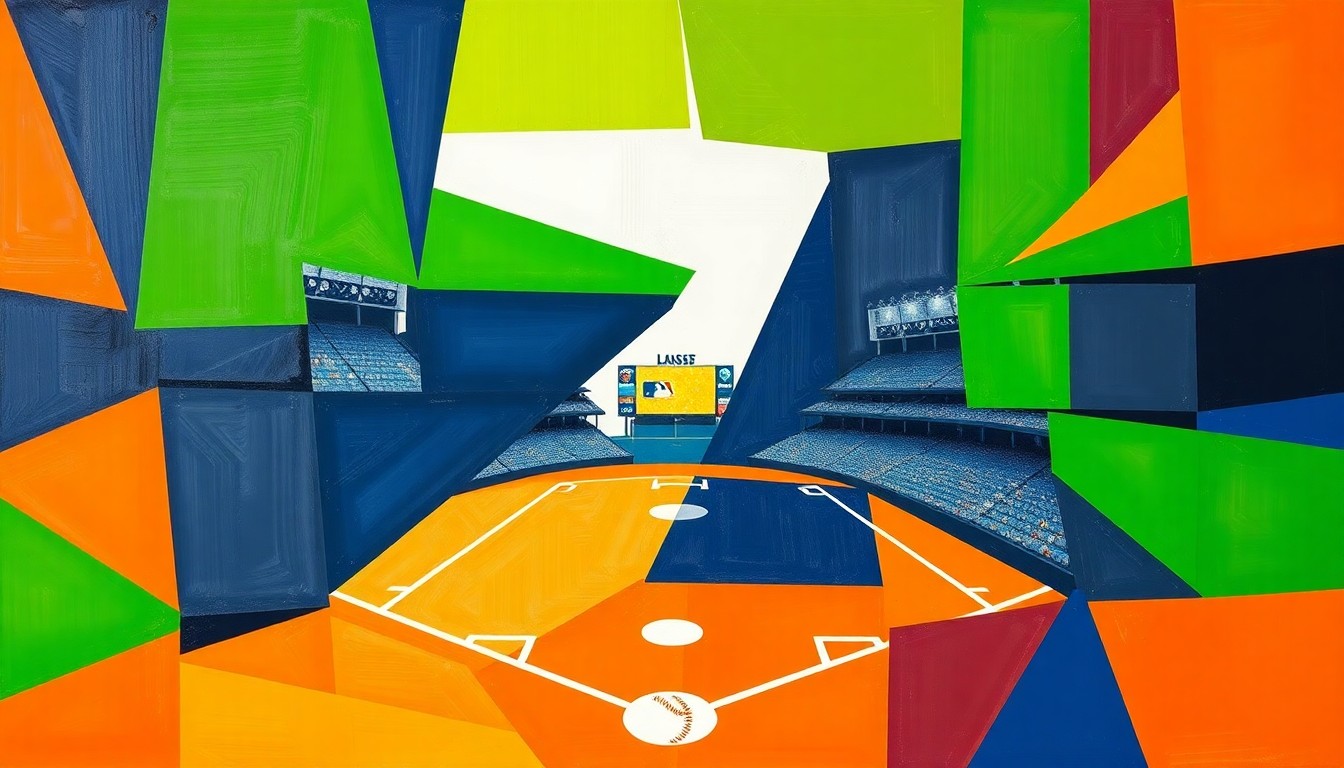 A cubist, geometric painting depicting a baseball game broken down into overlapping planes of bright green, navy blue, and orange, capturing the dynamic action of the sport.