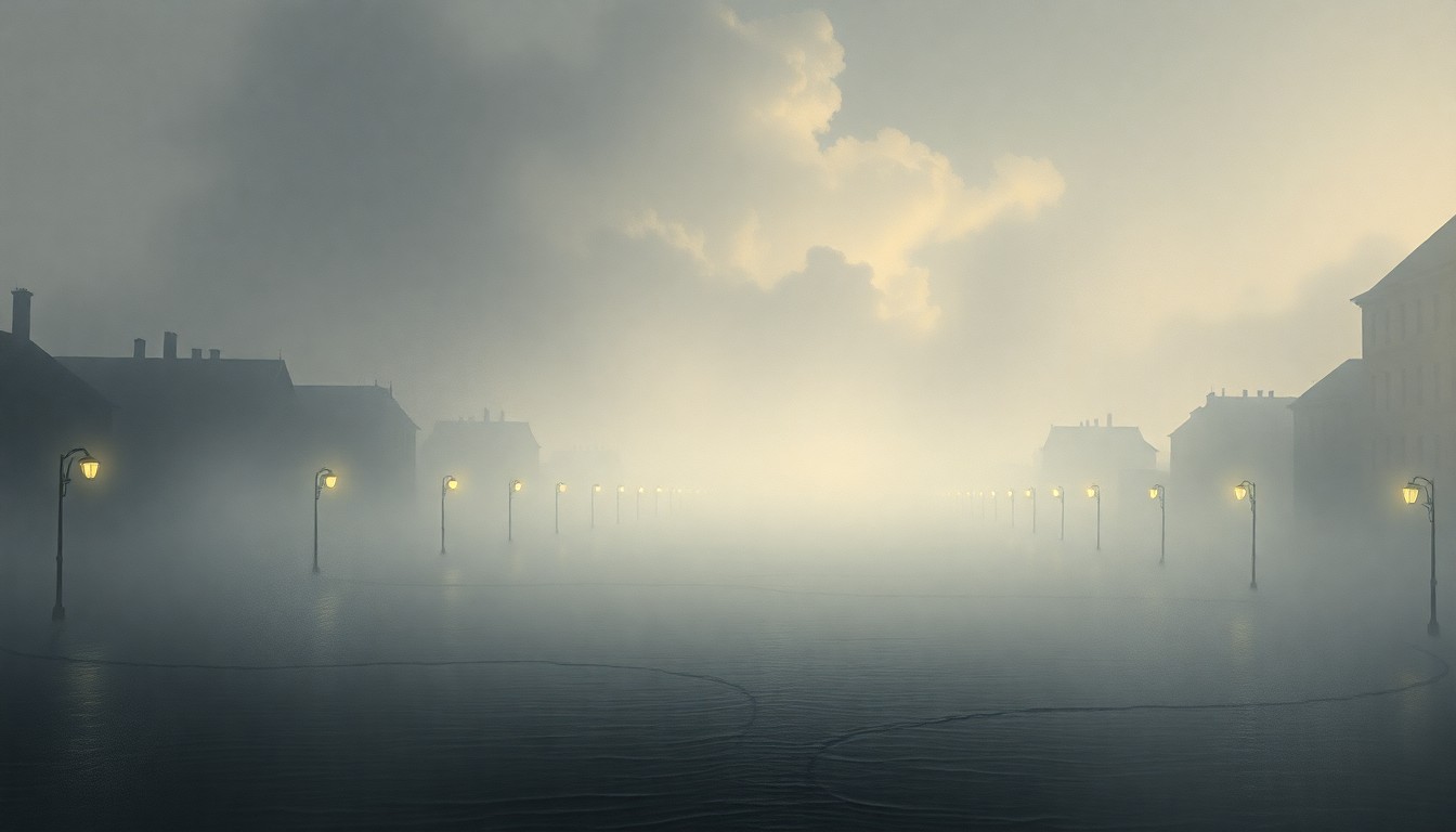A sweeping, atmospheric landscape painting in muted blues and grays, depicting a flooded city street obscured by heavy fog, with only the faint outlines of buildings and streetlights visible in the distance, conveying the overwhelming scale and power of the natural disaster.