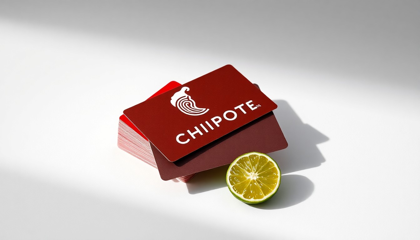 A high-end, photorealistic studio still-life photograph featuring a stack of Chipotle gift cards, a metal Chipotle logo, and a single lime slice arranged elegantly on a clean, white seamless background, conceptually representing the financial investment in the restaurant chain.