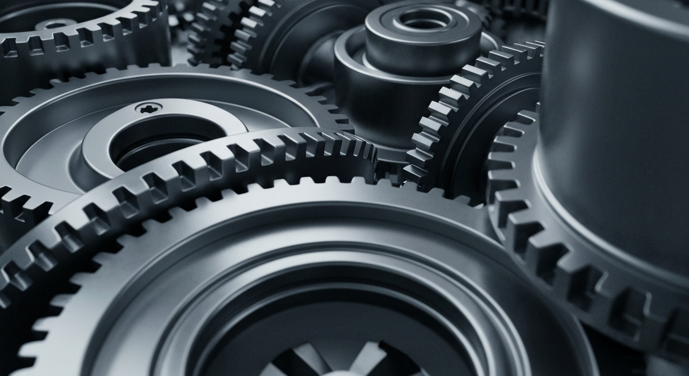 An extreme close-up of intricate, interlocking metal gears and machinery, conveying the complex financial infrastructure and institutional power of the global athletic apparel industry.