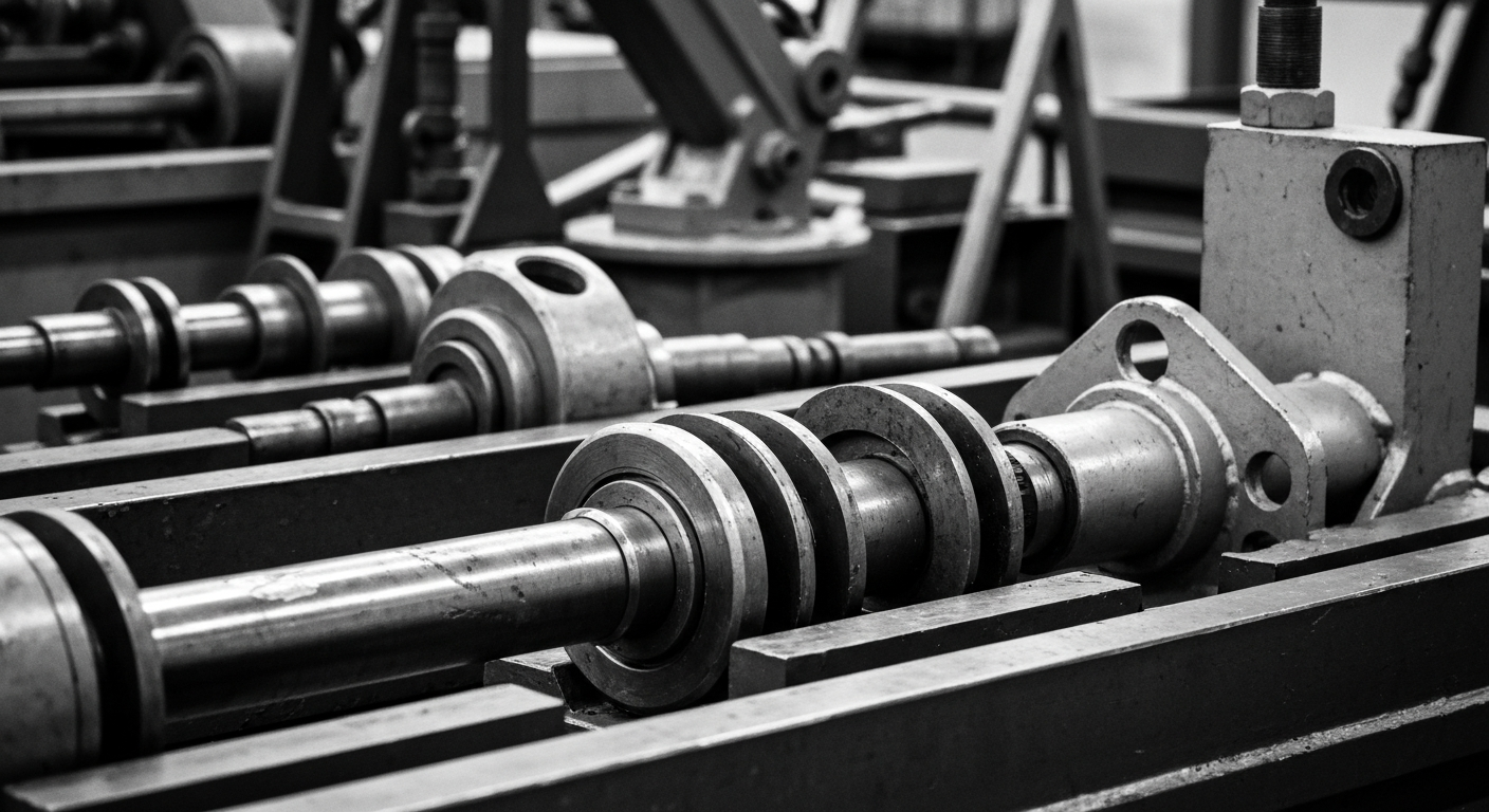 A high-contrast, black and white close-up photograph of heavy industrial machinery and equipment, conveying the tangible nature of Fastenal's product offerings without using any text or branding.