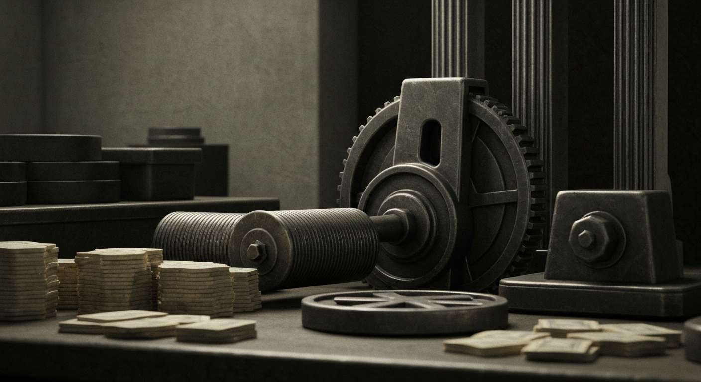 An extreme close-up of intricate, metallic banking machinery and mechanisms, conveying a sense of financial security and institutional power without using literal currency or charts.