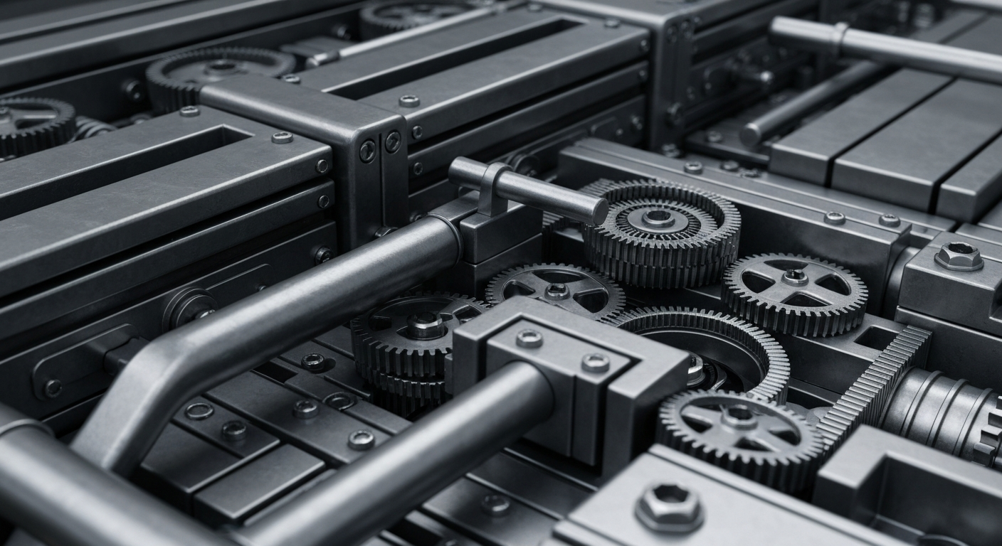 A highly detailed, cinematic close-up of heavy, industrial banking equipment and machinery in shades of steel gray, gunmetal, and chrome, representing the complex financial infrastructure that supports the healthcare industry.