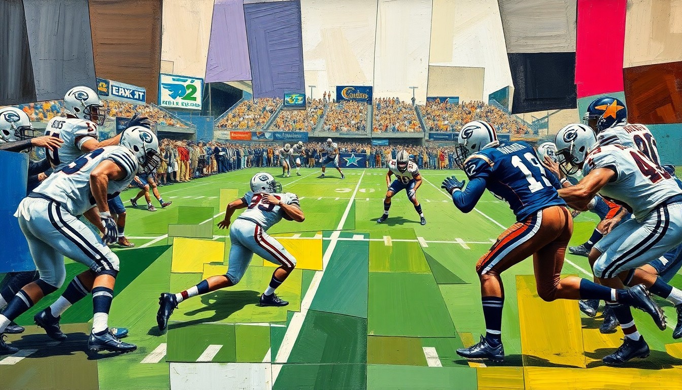 A fractured, cubist-style painting depicting the dynamic movements and energy of a football linebacker, with sharp geometric shapes and planes representing the player's athleticism and impact on the game.
