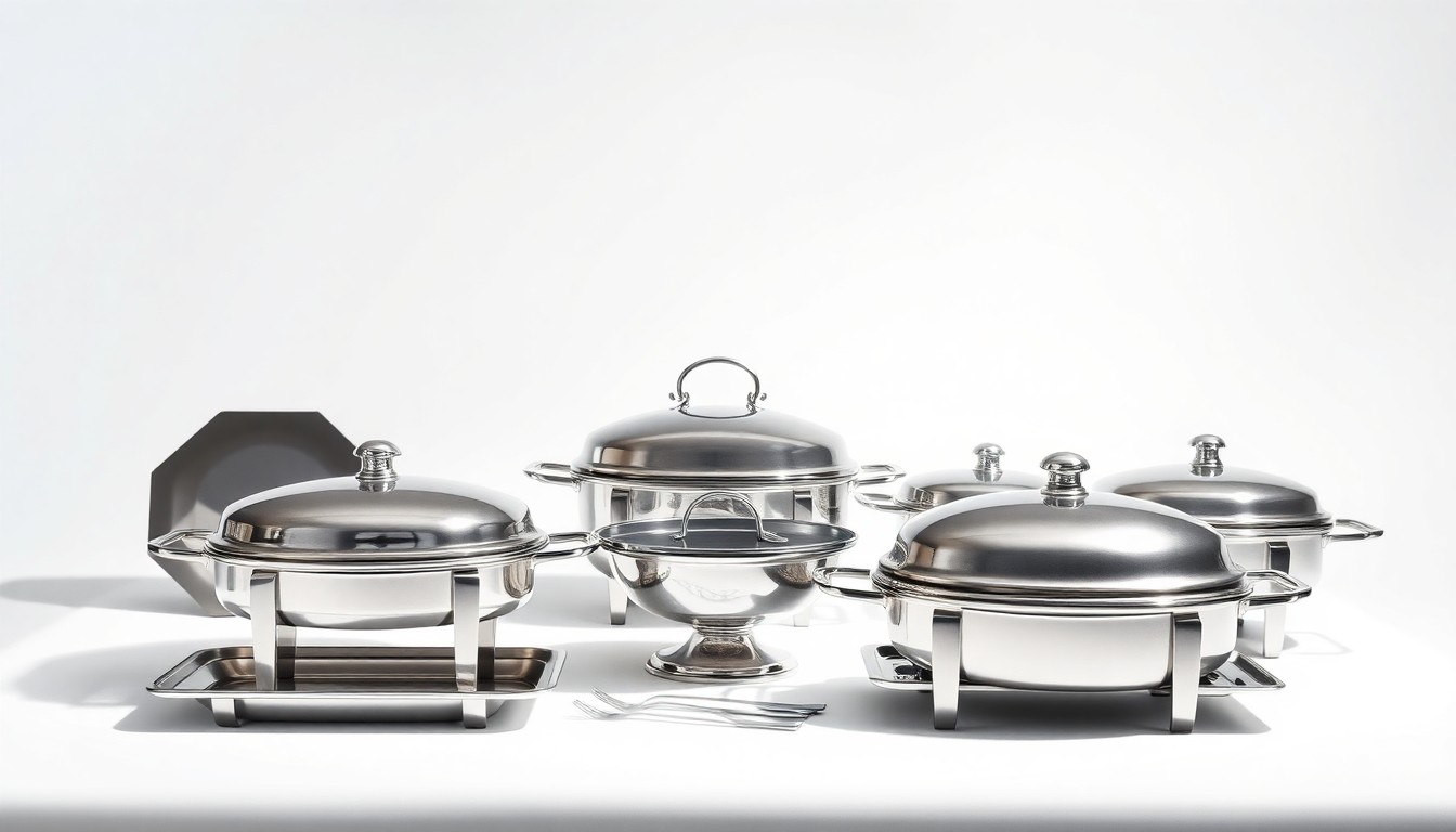 A high-end studio still life photograph featuring a set of polished stainless steel catering equipment and serving trays arranged elegantly on a clean, white background, conceptually representing the precision and professionalism of large-scale catering operations.