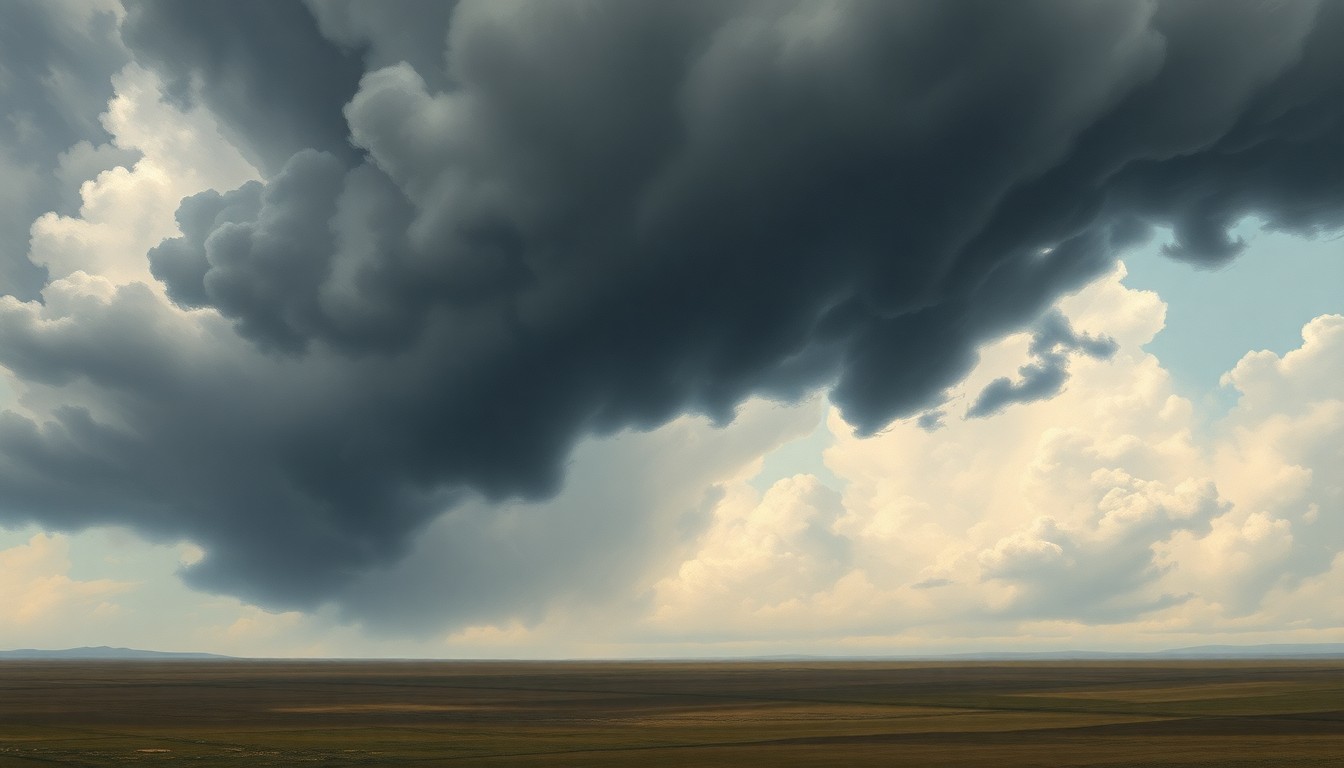 A sweeping, atmospheric landscape painting in muted tones of gray, blue, and green, depicting a vast, open field or plain under a sky filled with dark, swirling storm clouds, conveying the overwhelming scale and power of an approaching weather system.