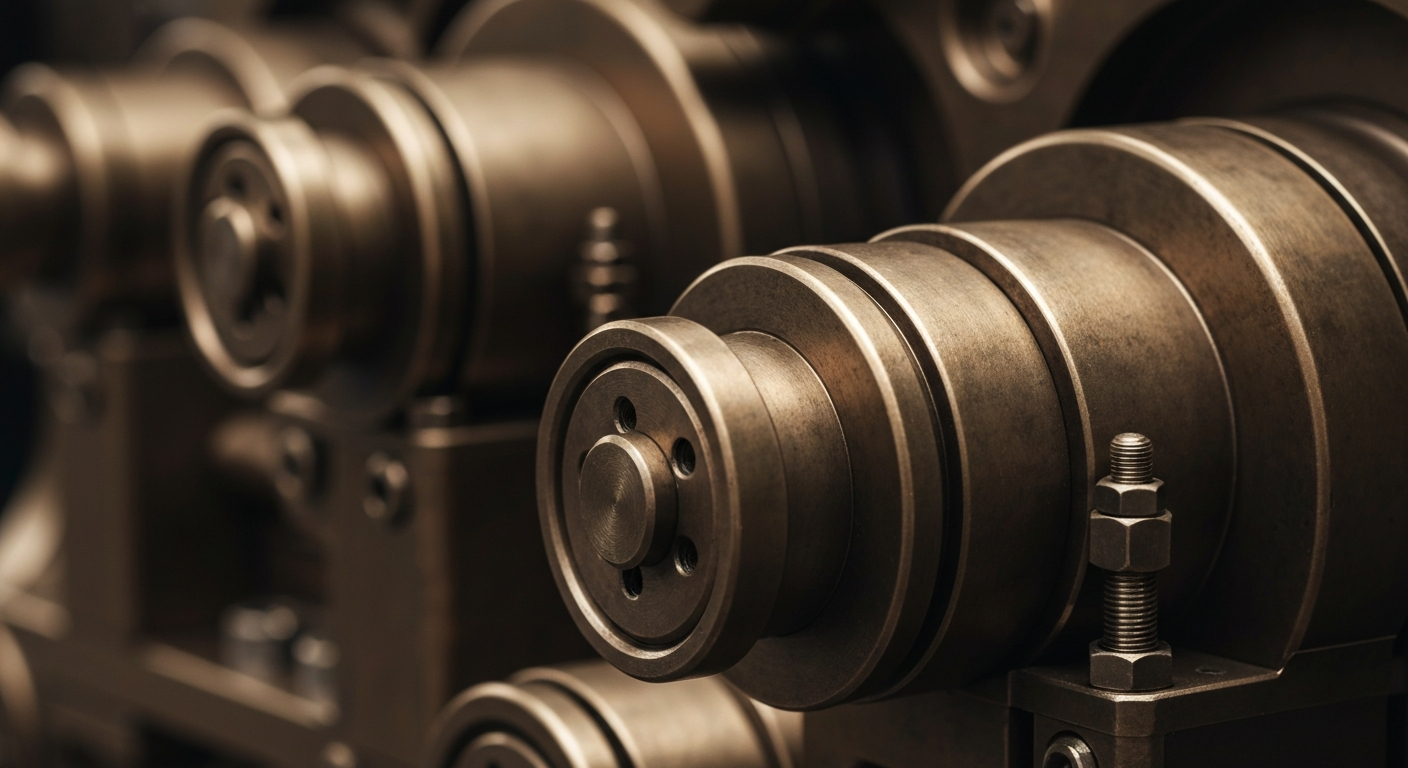 An extreme close-up of complex, interlocking gears and levers in a banking vault, conveying the heavy, industrial nature of financial infrastructure without using literal currency or charts.