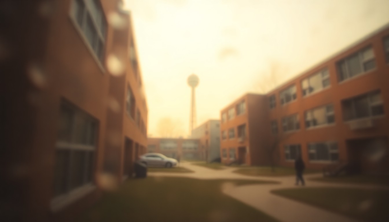 An abstract, impressionistic scene of a blurred school campus with a faint cell tower silhouette in the distance, captured in a warm, hazy light through a rain-streaked lens, conveying a sense of uncertainty and the need for thoughtful consideration of environmental impacts.