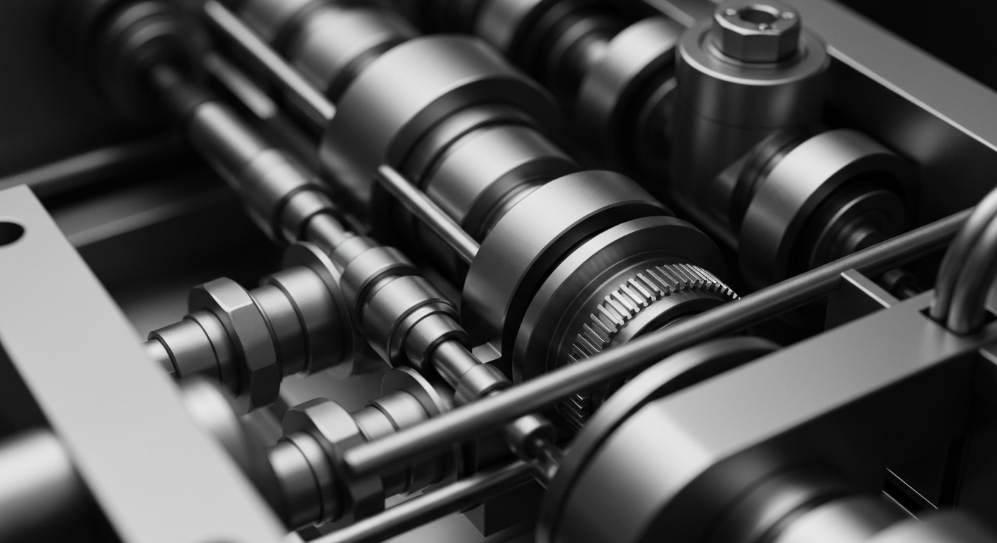 A high-contrast, close-up view of the complex mechanical components that make up the inner workings of a robotic surgical system, conveying the industrial power and precision of this advanced medical technology.