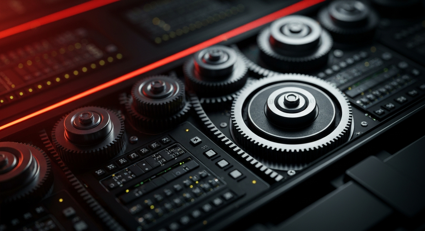 An extreme close-up of the inner workings of a high-tech media server, with its complex array of gears, circuits, and cooling systems, conceptually representing the technological and financial backbone of Netflix's global streaming platform.