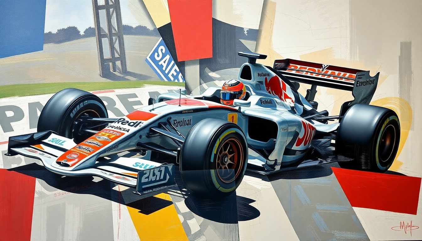 A cubist, geometric painting depicting the fragmented elements of a Formula 1 car or race, with sharp planes of color and form representing the dynamic relationships between drivers, engineers, and teams.