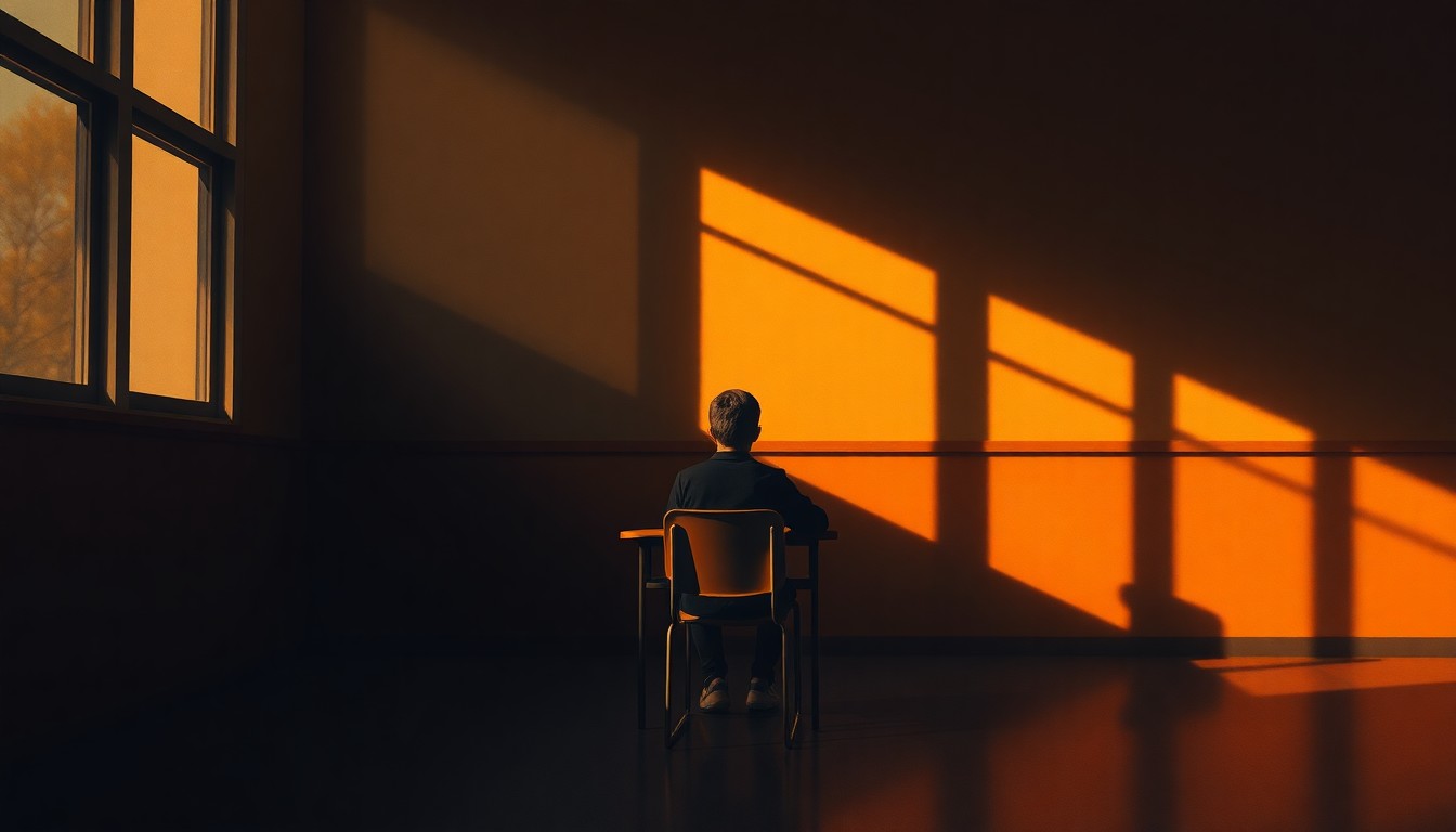 A solitary student sits alone at a school desk, the classroom quiet and still, with warm sunlight and deep shadows creating a cinematic, nostalgic mood.