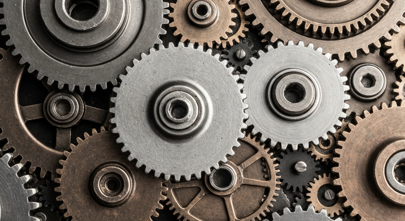 An extreme close-up photograph of heavy, industrial machinery and components in shades of steel, bronze, and black, representing the complex financial and technological infrastructure behind online employment and social media platforms.