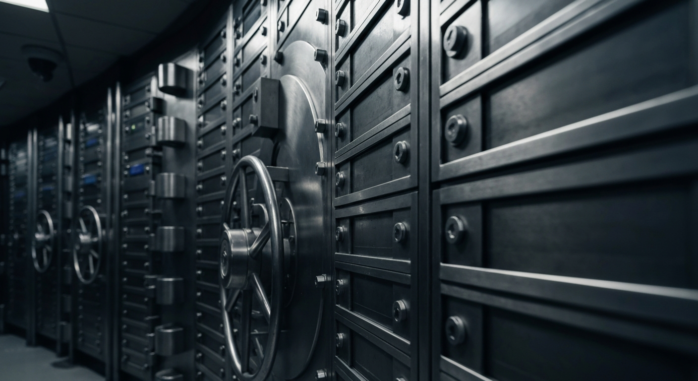 A cinematic close-up photograph of heavy, industrial banking machinery and equipment, conveying a sense of financial security and institutional power without using any literal currency or financial symbols.