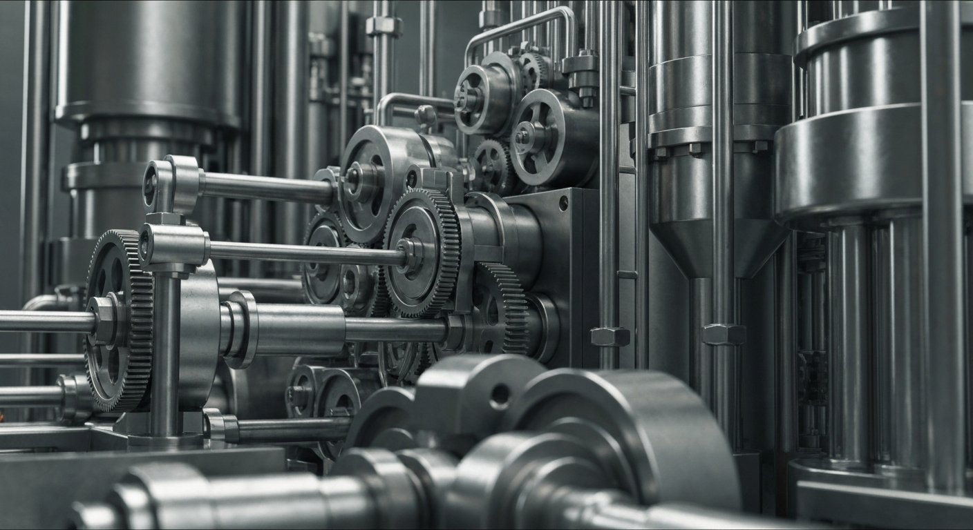 An extreme close-up of complex pharmaceutical machinery and equipment, representing the technological sophistication and production capacity of a leading biotech company.