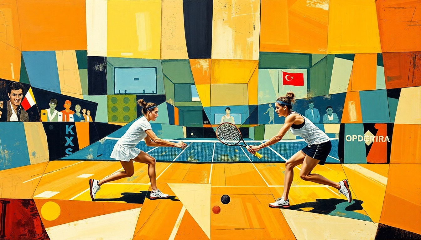 A cubist, geometric painting depicting a tennis match or competition, with the players' forms broken down into sharp, overlapping planes of color and shape, capturing the dynamic energy of the sport.