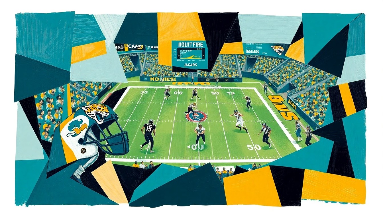 A cubist, geometric painting depicting fragmented football players and equipment in teal, gold, and black, representing the Jacksonville Jaguars' aggressive approach to the 2026 NFL Draft.