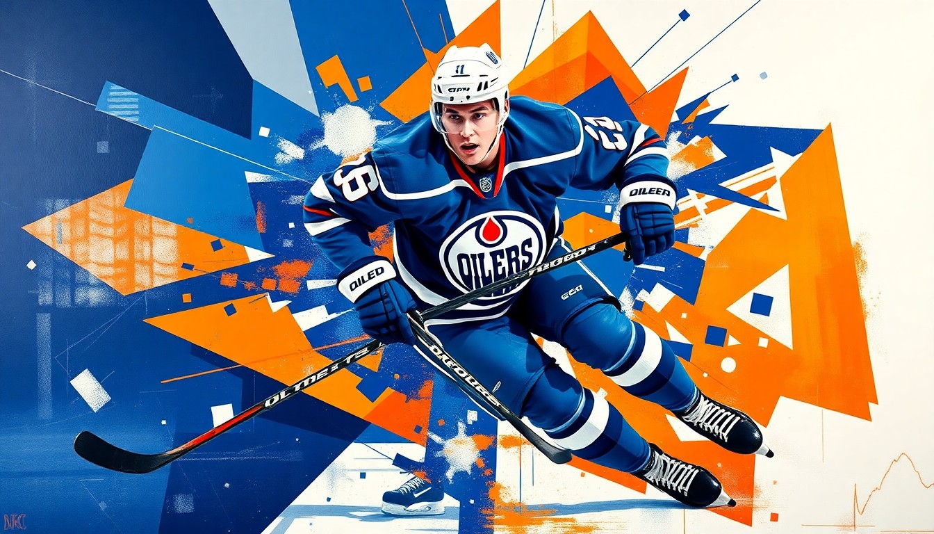 A fractured, multi-perspective painting featuring sharp, overlapping geometric planes in the colors of the Edmonton Oilers, conceptually representing Connor McDavid's dominant hockey skills and movements.