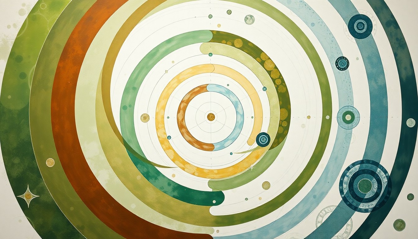 A bold, abstract painting in muted earth tones depicting a complex, interconnected system of geometric shapes, botanical spirals, and undulating waveforms, conceptually representing the symbiotic relationships and scientific principles behind a futuristic skyscraper designed as a vertical sanctuary for pollinators.