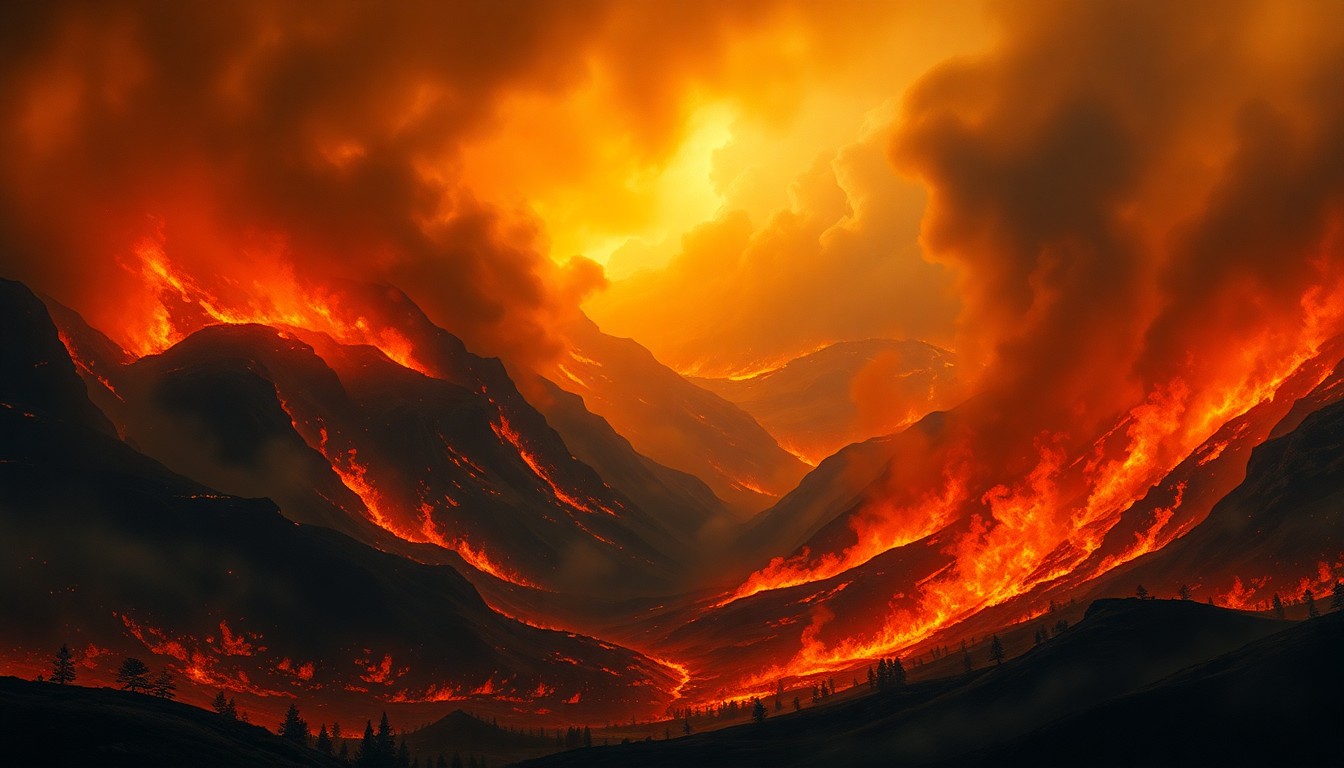 A sweeping, atmospheric landscape painting in muted earth tones, with a massive, billowing plume of smoke and flames dominating the frame and dwarfing any visible structures or objects, conveying the overwhelming force of nature during a wildfire.