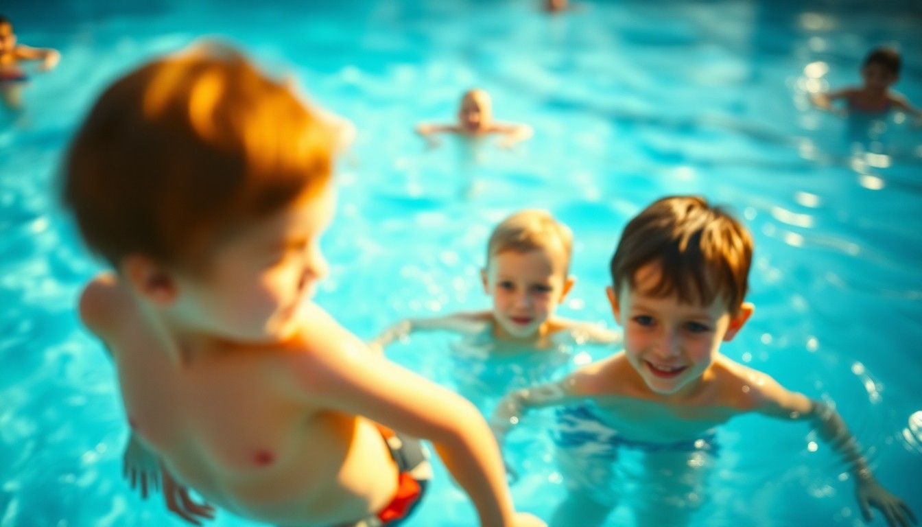 An abstract, out-of-focus photograph showing the blurred silhouettes of children playing in a swimming pool, with soft, warm pools of light and color creating a dreamlike, atmospheric scene.