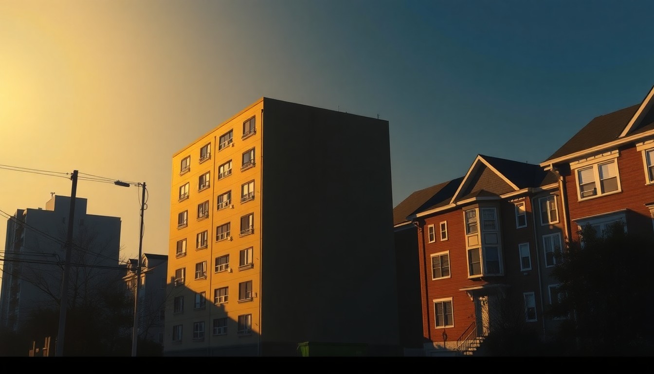 A serene, realistic painting of a modest apartment building or row of townhomes set against a backdrop of warm, golden sunlight and long shadows, conveying a sense of quiet contemplation about the changing nature of a residential community.