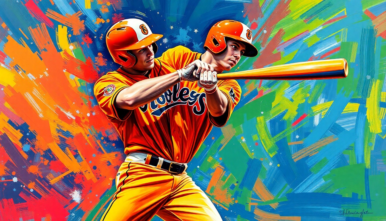 An abstract, energetic painting in neon colors depicting the batting motion of a baseball player, conveying the raw power and athleticism of the sport.